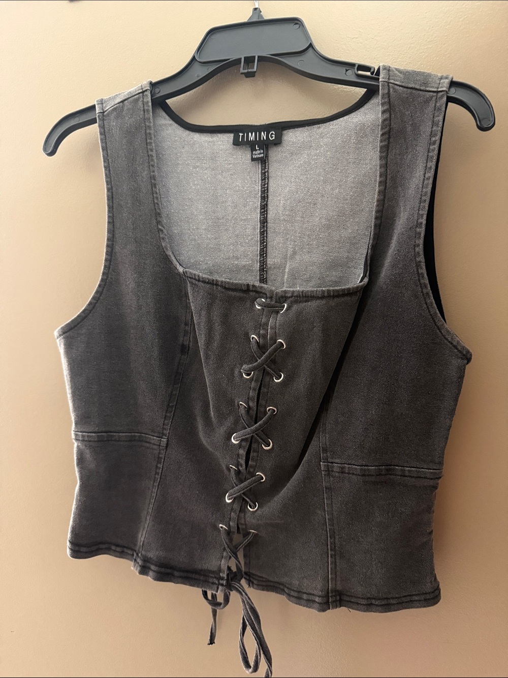 Timing Washed Black Lace-Up Denim Vest